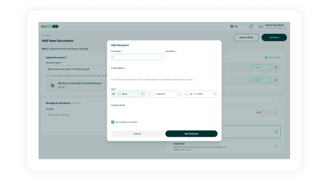 Click “Add Recipient” and enter the recipient’s details